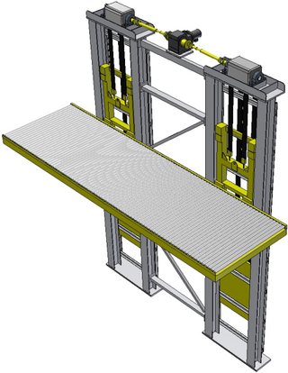 3D model heavy vertical lifter, deck design: roller conveyor,  (double guiding columns)