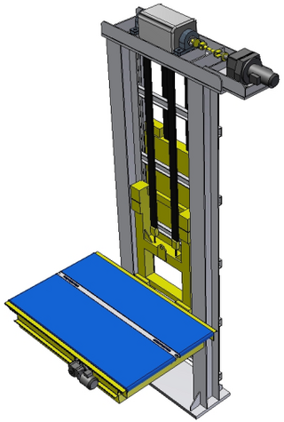 3D model heavy vertical lifter, deck design: plastic chain conveyor; (single guiding column)