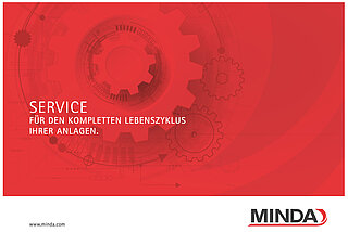 Cover page of the service flyer: product sketch and gear wheel in MINDA red