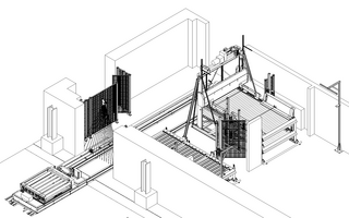 Schematic representation of transport system for wheelsets and empty pallets: The system extends over two adjacent buildings. In one oft he buildings (on the right in the picture) are two-storey roller conveyor with a pallet magazine positioned above it for providing empty pallets. To the left is a driven heavy-duty roller conveyor. In the adjacent building (on the left) you will find the transfer car with lifting table nd heavy-dut roller conveyor. Both buildings are connected by a rail system.