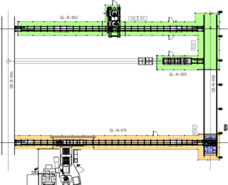 Layout "trolley transport": At the bottom of the screen the stones are placed after the stone press on special pallets, which in turn are stacked in trolleys. To the left and right are rail-bound cross shuttle cars that are transported both the full and the empty trolleys. In the upper area, the refractory bricks are then removed from trolleys by a gantry and fed to the following process.