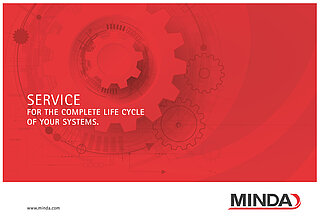 Cover page of the service flyer: product sketch and gear wheel in MINDA red