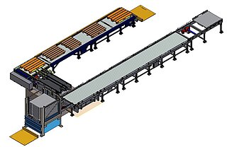 3d-model Palletizing line (U-shaped) without gantry: In the bottom right area there is a chain conveyor on which the portal places the full special pallets. Afterwards there is a roller conveyor for the transport of the special pallets. The bricks are stacked on a sales pallet. The empty special pallet is transported into the pallet magazine (below in the picture) at the push of a button. The loaded sales pallet is then transported to the right angle station. The right angle station transports the sales pallet turned by 90° to the discharge section.