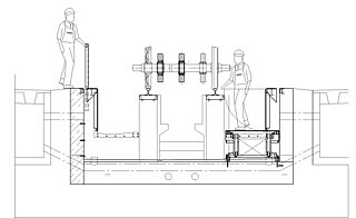 Drawing:  Lateral working pit opened, lifting table is lowered and railing is extended. The railing used as fall protection. A worker can thus work over Floor and another can work at a lowered level. The wheel set shown here,  stands for a rail vehicle.